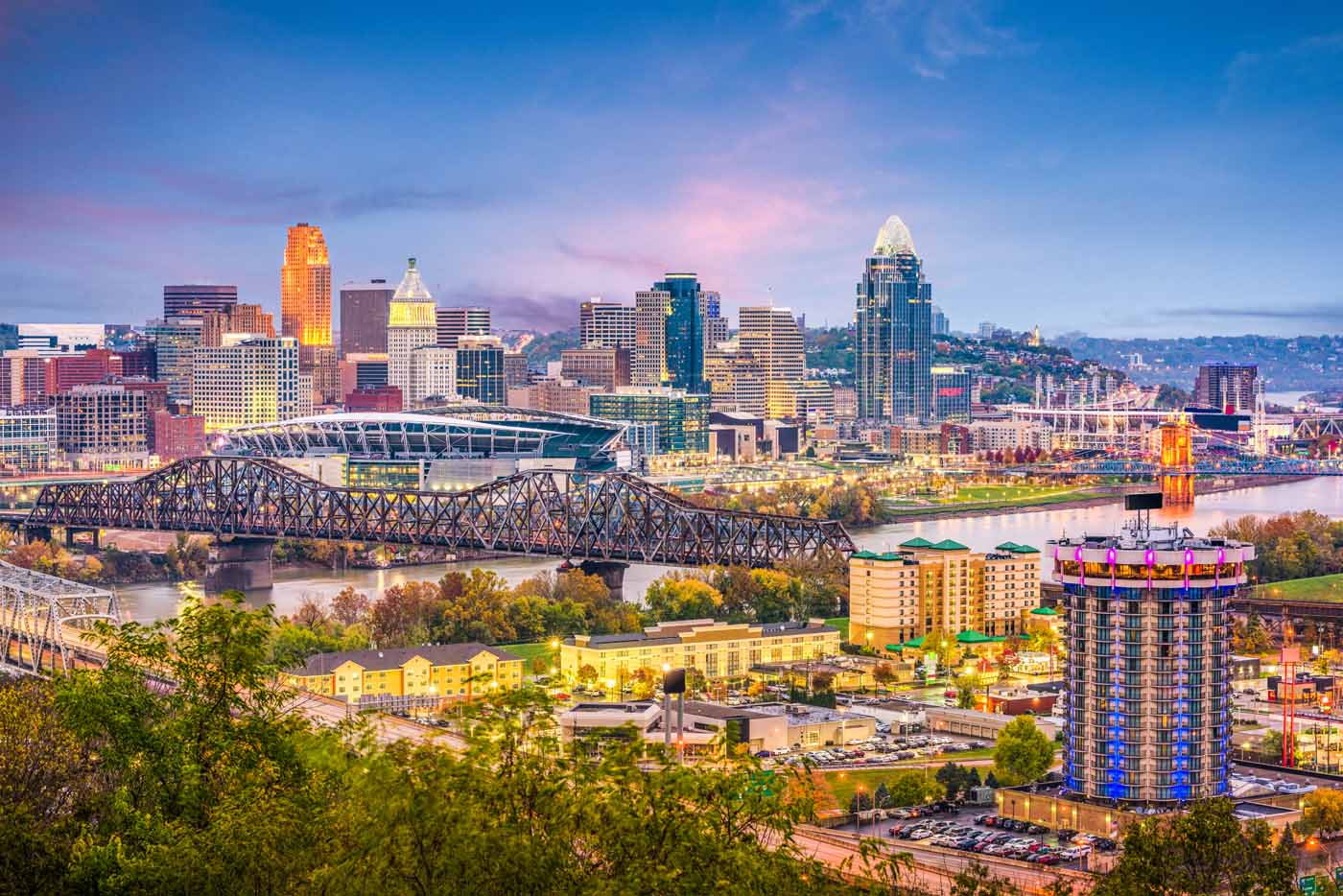 Commercial cleaning services Cincinnati, Ohio janitorial company showing the skyline from across the river