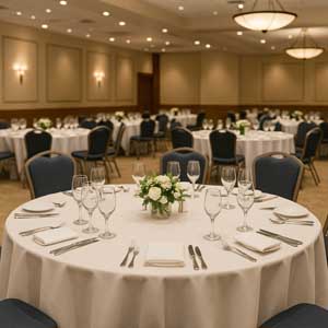 Banquet hall, and event venue cleaning and cleanup services showing banquet tables setup in a convention center.