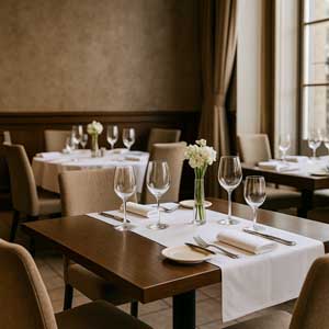Ohio fine dining restaurant cleaning services for kitchen, dining area, restrooms, and complete property showing dining area.