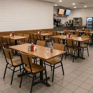 Janitorial service restaurant cleaners for franchise and chain restaurants in Ohio, showing tables with screens in background.