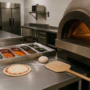 Pizzeria and pizza shop cleaners including pizza oven cleaning in Ohio, showing fire grilled pizza oven