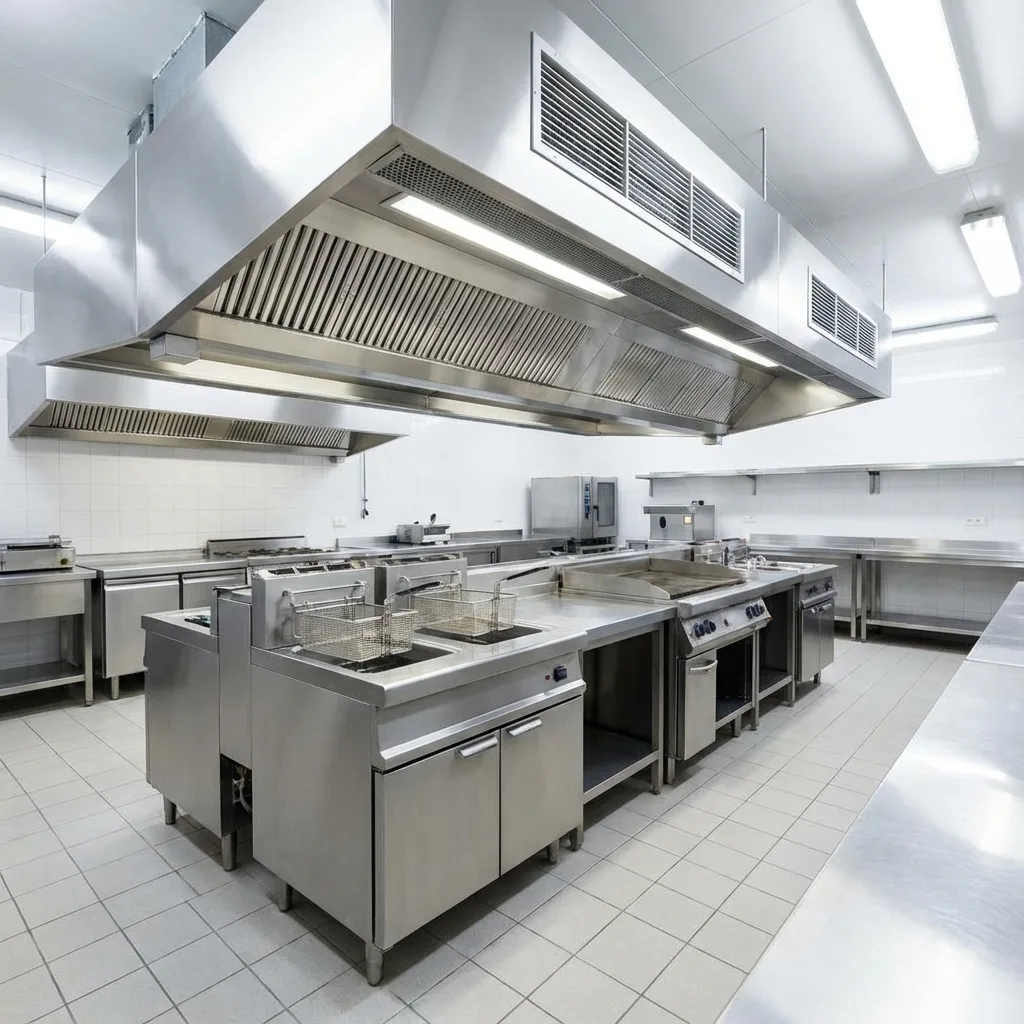 Fast food restaurant kitchen hood and vent cleaning showing clean center island stainless cooking equipment and grease free hood and vents in Columbus, Cleveland, Cincinnati, Dayton, Springfield, Newark, Akron, Canton, Medina, Delaware, Marion, Mansfield, Ohio
