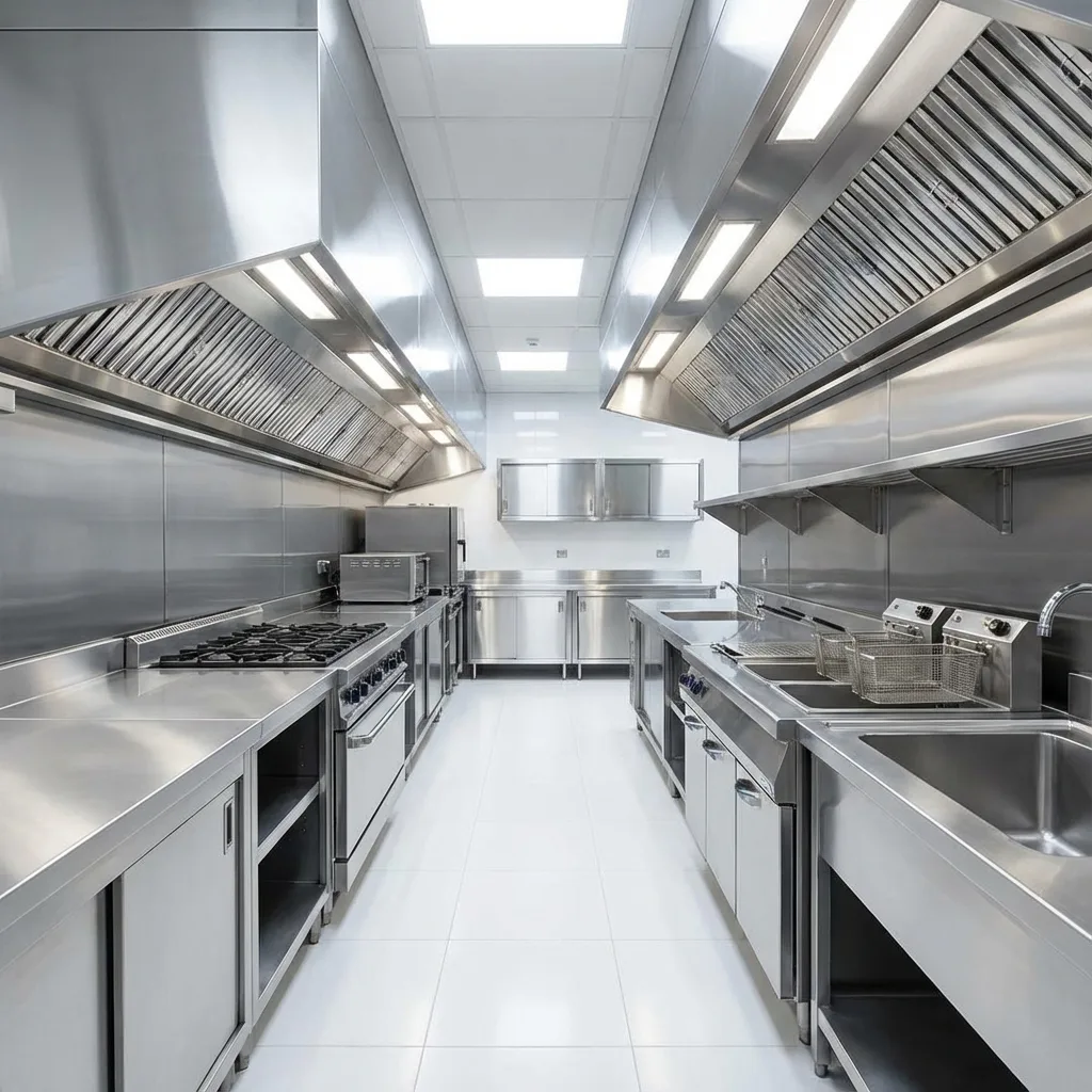 Specialized Ohio commercial kitchen equipment cleaning services showing stainless restaurant kitchen area.