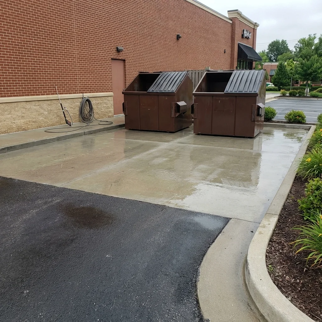 Clean dumpster pad and dumpsters behind Ohio restaurant after being pressure washed