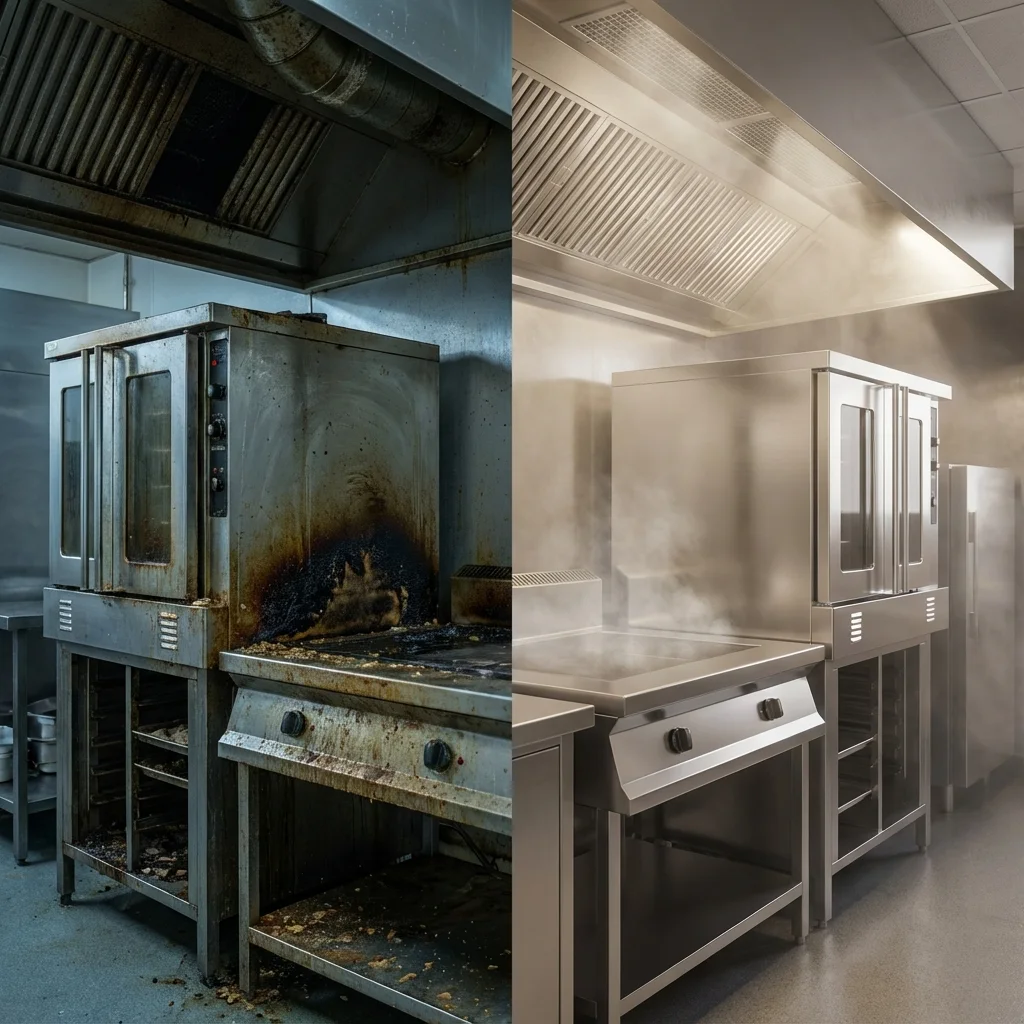 Ohio commercial kitchen deep cleaning of a restaurant showing the same section of ovens and stainless steel kitchen equipment before and after