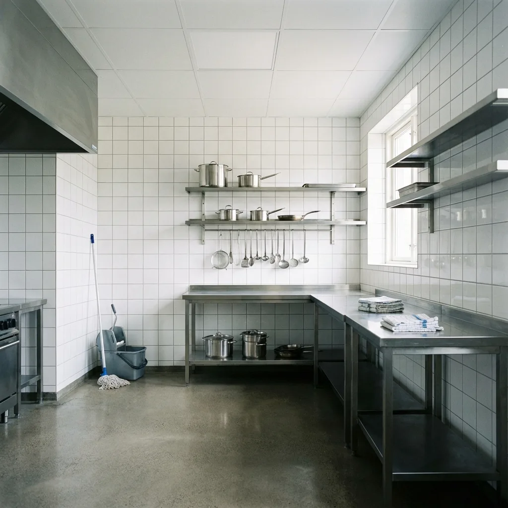 Restaurant catering kitchen walls and ceilings cleaning services in Columbus, Cleveland, Cincinnati, Dayton, Springfield, Newark, Akron, Canton showing clean ceiling and walls with florescent lighting in a commercial kitchen
