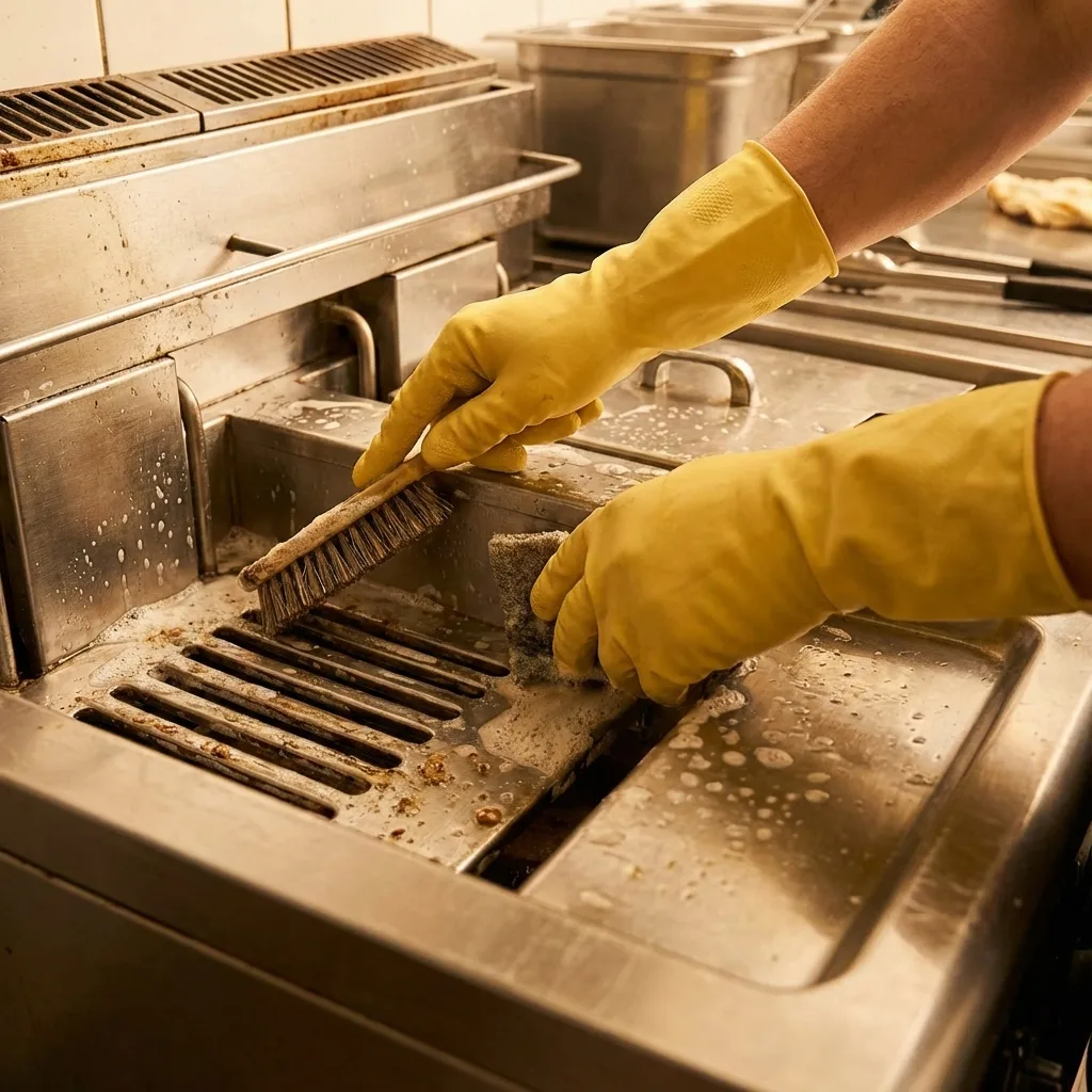 Deep cleaning commercial kitchen equipment with a professional kitchen cleaner wearing yellow gloves