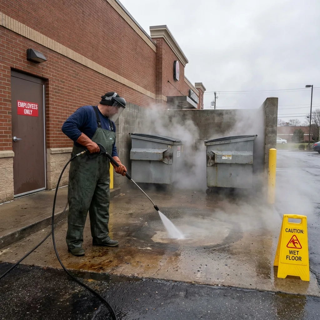 Ohio restaurant cleaning services pressure washing dumpster pad behind business