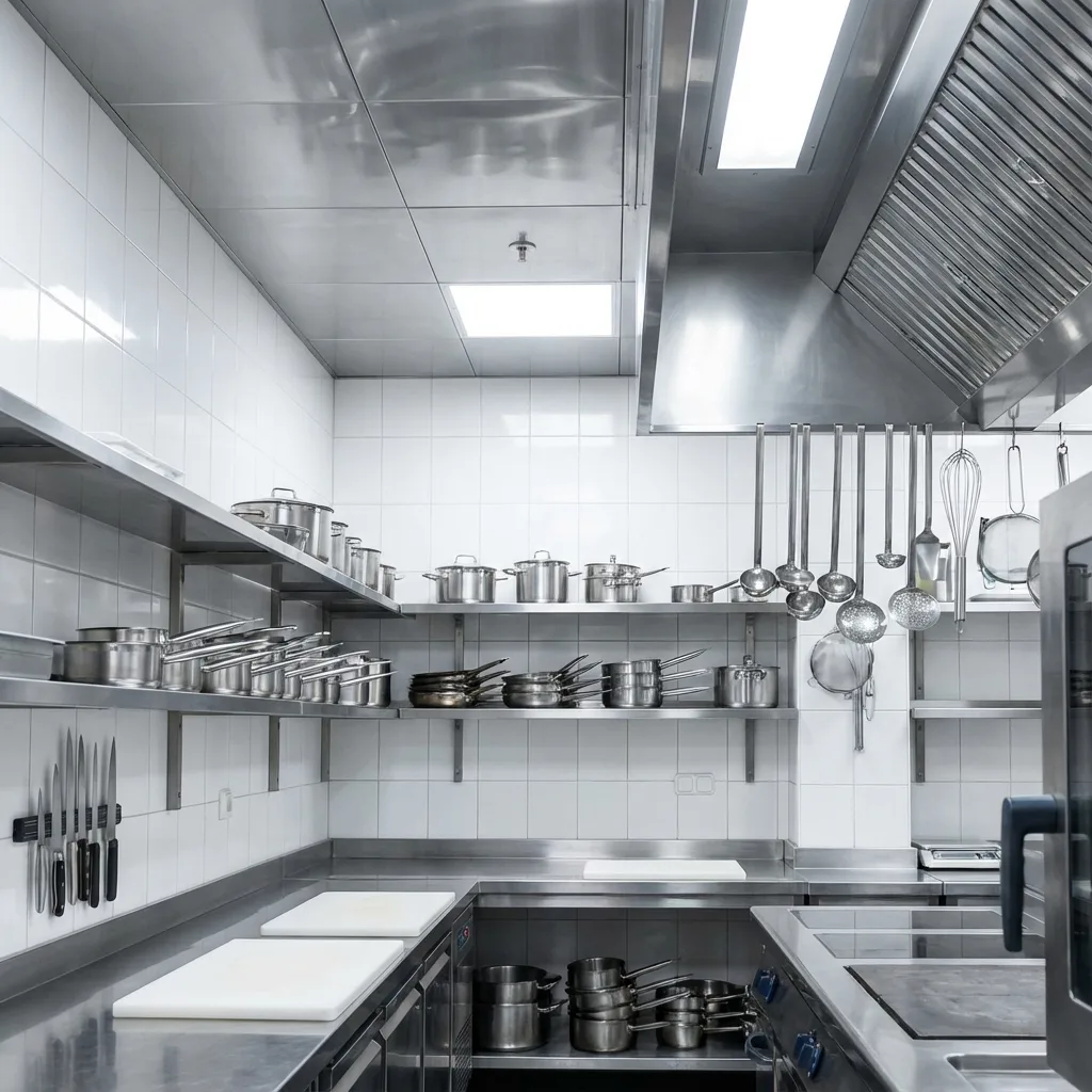 Restaurant kitchen walls and ceilings cleaning services in Columbus, Cleveland, Cincinnati, Dayton, Springfield, Newark, Akron, Canton showing clean ceiling and walls with florescent lighting in a commercial kitchen