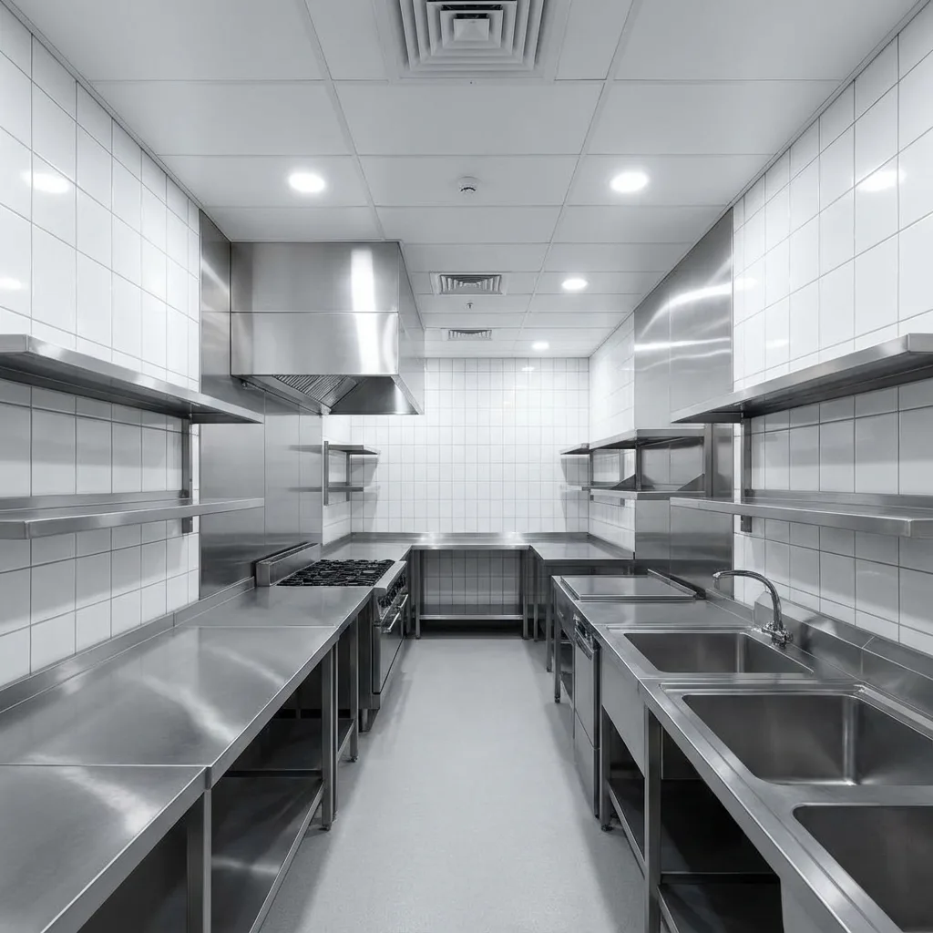 Restaurant kitchen walls and ceilings cleaning services in Columbus, Cleveland, Cincinnati, Dayton, Springfield, Newark, Akron, Canton showing clean ceiling and walls with florescent lighting in a commercial kitchen